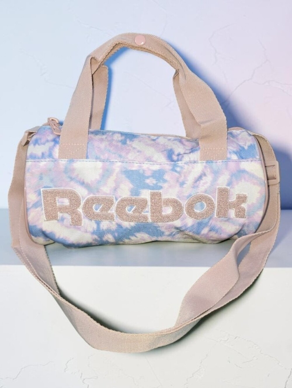 Reebok Water Colored TyeDie With Blush Pink Straps Mini Barrel Duffle Travel Bag